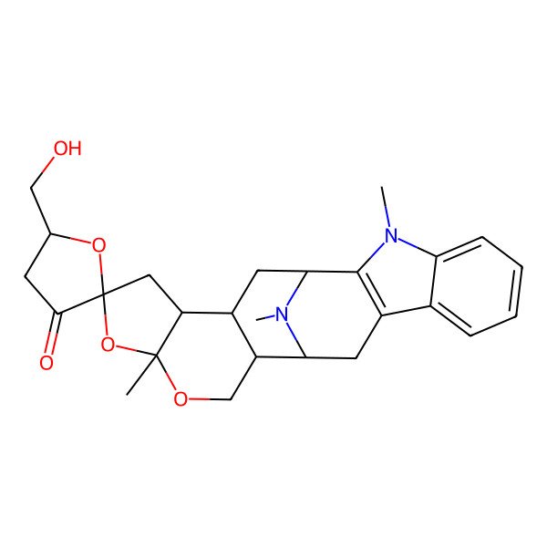 2D Structure of (1S,5'R,12S,13R,16S,18R,20S,21R)-5'-(hydroxymethyl)-3,16,23-trimethylspiro[15,17-dioxa-3,23-diazahexacyclo[10.10.1.02,10.04,9.013,21.016,20]tricosa-2(10),4,6,8-tetraene-18,2'-oxolane]-3'-one