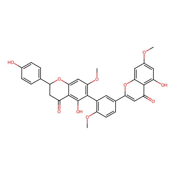 2D Structure of 5-hydroxy-2-[3-[(2S)-5-hydroxy-2-(4-hydroxyphenyl)-7-methoxy-4-oxo-2,3-dihydrochromen-6-yl]-4-methoxyphenyl]-7-methoxychromen-4-one