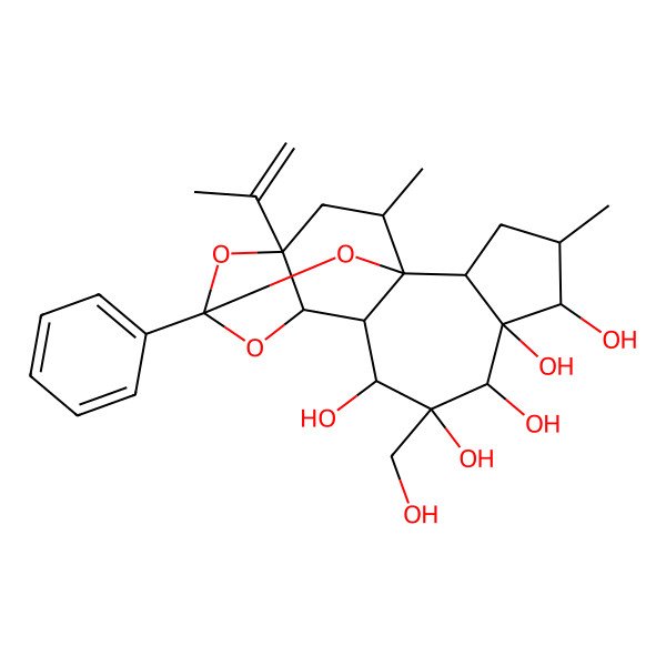 2D Structure of 8-(Hydroxymethyl)-4,17-dimethyl-13-phenyl-15-prop-1-en-2-yl-12,14,18-trioxapentacyclo[11.4.1.01,10.02,6.011,15]octadecane-5,6,7,8,9-pentol