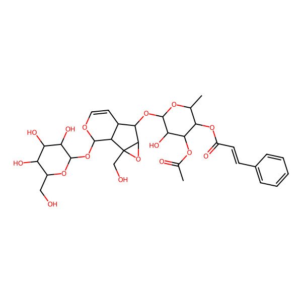 2D Structure of [(2S,3S,4S,5S,6S)-4-acetyloxy-5-hydroxy-6-[[(2S,4S,5S,10S)-2-(hydroxymethyl)-10-[(2S,3R,4S,5S,6R)-3,4,5-trihydroxy-6-(hydroxymethyl)oxan-2-yl]oxy-3,9-dioxatricyclo[4.4.0.02,4]dec-7-en-5-yl]oxy]-2-methyloxan-3-yl] (E)-3-phenylprop-2-enoate