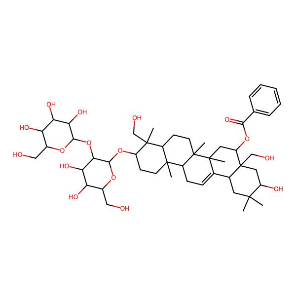 2D Structure of [10-[4,5-Dihydroxy-6-(hydroxymethyl)-3-[3,4,5-trihydroxy-6-(hydroxymethyl)oxan-2-yl]oxyoxan-2-yl]oxy-3-hydroxy-4a,9-bis(hydroxymethyl)-2,2,6a,6b,9,12a-hexamethyl-1,3,4,5,6,6a,7,8,8a,10,11,12,13,14b-tetradecahydropicen-5-yl] benzoate