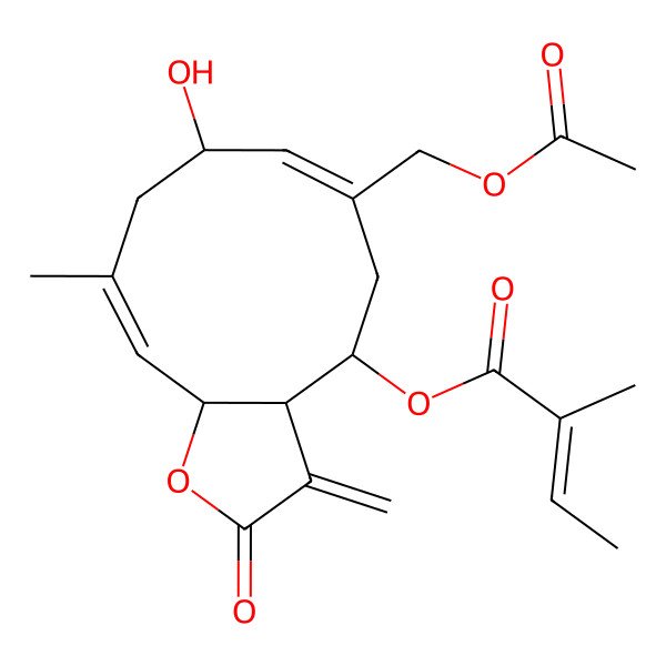 2D Structure of [(3aR,4R,6Z,8R,10E,11aR)-6-(acetyloxymethyl)-8-hydroxy-10-methyl-3-methylidene-2-oxo-3a,4,5,8,9,11a-hexahydrocyclodeca[b]furan-4-yl] (Z)-2-methylbut-2-enoate