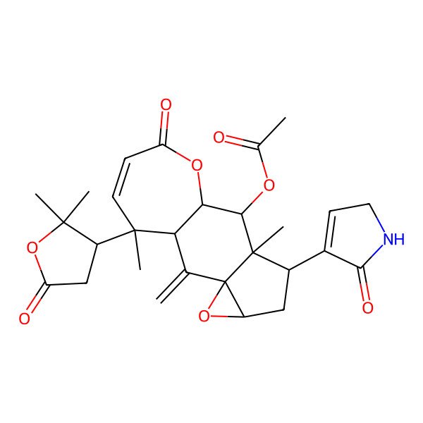 2D Structure of [15-(2,2-Dimethyl-5-oxooxolan-3-yl)-8,15-dimethyl-2-methylidene-12-oxo-7-(5-oxo-1,2-dihydropyrrol-4-yl)-4,11-dioxatetracyclo[8.5.0.03,5.03,8]pentadec-13-en-9-yl] acetate