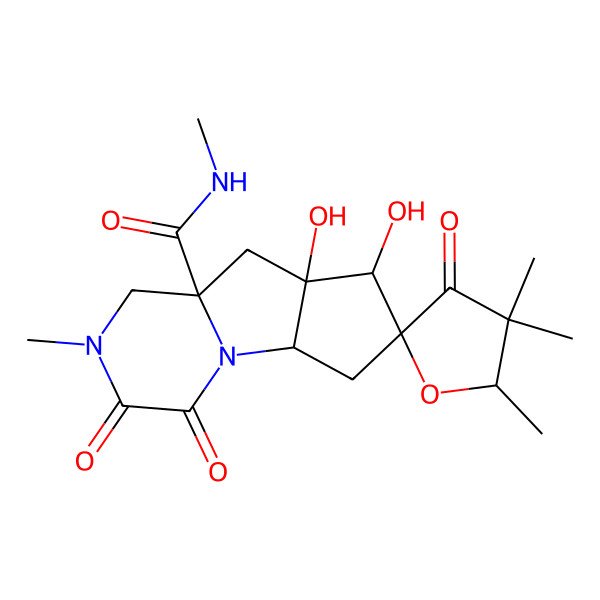 2D Structure of 5,6-dihydroxy-N,4',4',5',10-pentamethyl-3',11,12-trioxospiro[1,10-diazatricyclo[6.4.0.02,6]dodecane-4,2'-oxolane]-8-carboxamide