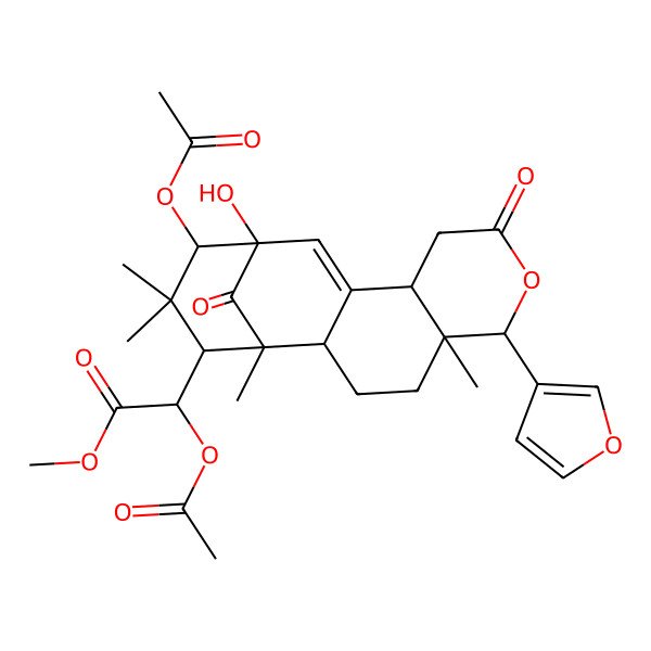 2D Structure of Methyl 2-acetyloxy-2-[14-acetyloxy-6-(furan-3-yl)-13-hydroxy-1,5,15,15-tetramethyl-8,17-dioxo-7-oxatetracyclo[11.3.1.02,11.05,10]heptadec-11-en-16-yl]acetate
