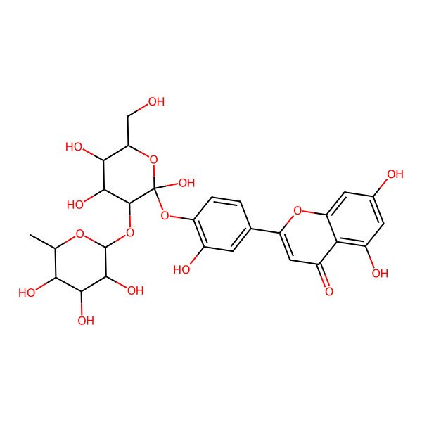 2D Structure of 5,7-dihydroxy-2-[3-hydroxy-4-[(2R,3S,5S)-2,4,5-trihydroxy-6-(hydroxymethyl)-3-[(2S,4S,5R)-3,4,5-trihydroxy-6-methyloxan-2-yl]oxyoxan-2-yl]oxyphenyl]chromen-4-one