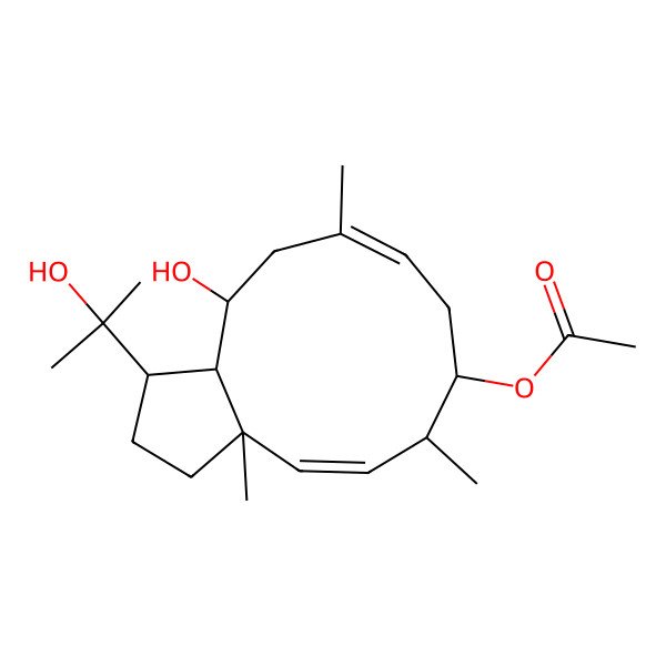 2D Structure of [(3R,3aS,4S,6E,9R,10R,11E,12aR)-4-hydroxy-3-(2-hydroxypropan-2-yl)-6,10,12a-trimethyl-2,3,3a,4,5,8,9,10-octahydro-1H-cyclopenta[11]annulen-9-yl] acetate