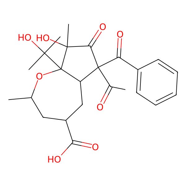 2D Structure of (2S,4S,5aS,6S,8R,8aS)-6-acetyl-6-benzoyl-8-hydroxy-8a-(2-hydroxypropan-2-yl)-2,8-dimethyl-7-oxo-3,4,5,5a-tetrahydro-2H-cyclopenta[b]oxepine-4-carboxylic acid