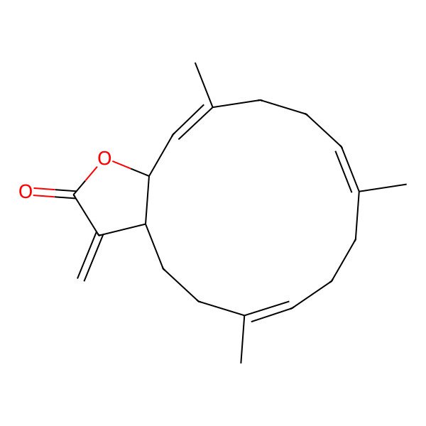 2D Structure of (3aR,6E,10E,14E,15aR)-6,10,14-trimethyl-3-methylidene-3a,4,5,8,9,12,13,15a-octahydrocyclotetradeca[b]furan-2-one