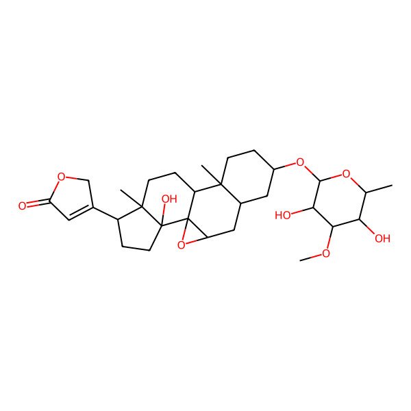 2D Structure of 3-[(1R,3S,5S,7S,10S,11S,14R,15R,18R)-7-[(2S,3S,4S,5S,6S)-3,5-dihydroxy-4-methoxy-6-methyloxan-2-yl]oxy-18-hydroxy-10,14-dimethyl-2-oxapentacyclo[9.7.0.01,3.05,10.014,18]octadecan-15-yl]-2H-furan-5-one