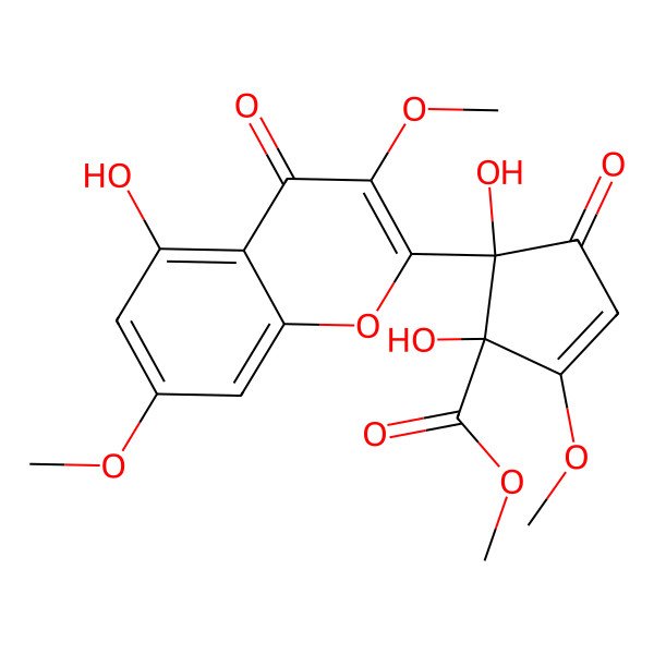 2D Structure of Methyl 1,5-dihydroxy-5-(5-hydroxy-3,7-dimethoxy-4-oxochromen-2-yl)-2-methoxy-4-oxocyclopent-2-ene-1-carboxylate 2D Structure of Methyl 1,5-dihydroxy-5-(5-hydroxy-3,7-dimethoxy-4-oxochromen-2-yl)-2-methoxy-4-oxocyclopent-2-ene-1-carboxylate