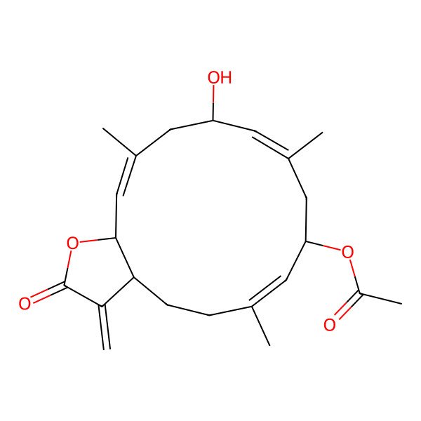 2D Structure of (12-Hydroxy-6,10,14-trimethyl-3-methylidene-2-oxo-3a,4,5,8,9,12,13,15a-octahydrocyclotetradeca[b]furan-8-yl) acetate