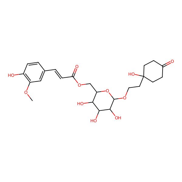 2D Structure of [(3R,4S,5S)-3,4,5-trihydroxy-6-[2-(1-hydroxy-4-oxocyclohexyl)ethoxy]oxan-2-yl]methyl (E)-3-(4-hydroxy-3-methoxyphenyl)prop-2-enoate