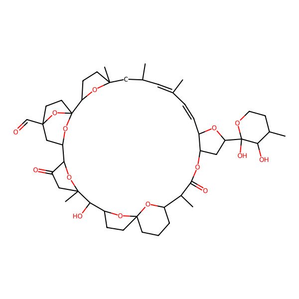 2D Structure of 14-(2,3-Dihydroxy-4-methyloxan-2-yl)-28-hydroxy-5,7,9,19,29-pentamethyl-18,31-dioxo-13,17,38,39,40,41,42,43-octaoxaoctacyclo[31.4.1.11,35.12,5.120,24.124,27.129,32.012,16]tritetraconta-8,10-diene-35-carbaldehyde