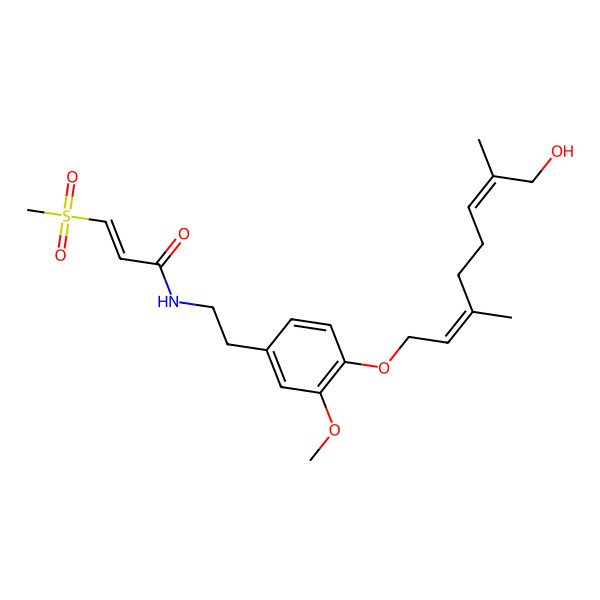 2D Structure of (E)-N-[2-[4-[(2E,6E)-8-hydroxy-3,7-dimethylocta-2,6-dienoxy]-3-methoxyphenyl]ethyl]-3-methylsulfonylprop-2-enamide