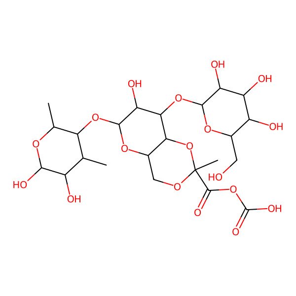 2D Structure of carboxy (2R,4aR,6R,7R,8R,8aR)-6-[(2S,3R,4S,5R,6R)-5,6-dihydroxy-2,4-dimethyloxan-3-yl]oxy-7-hydroxy-2-methyl-8-[(2S,3S,4S,5S,6R)-3,4,5-trihydroxy-6-(hydroxymethyl)oxan-2-yl]oxy-4,4a,6,7,8,8a-hexahydropyrano[3,2-d][1,3]dioxine-2-carboxylate