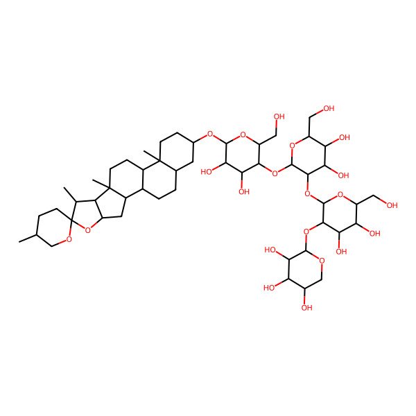 2D Structure of (2S,3R,4S,5R)-2-[(2S,3R,4S,5S,6R)-2-[(2S,3R,4S,5S,6R)-2-[(2R,3R,4R,5R,6R)-4,5-dihydroxy-2-(hydroxymethyl)-6-[(1R,2S,4S,5'R,6R,7S,8R,9S,12S,13S,16S,18S)-5',7,9,13-tetramethylspiro[5-oxapentacyclo[10.8.0.02,9.04,8.013,18]icosane-6,2'-oxane]-16-yl]oxyoxan-3-yl]oxy-4,5-dihydroxy-6-(hydroxymethyl)oxan-3-yl]oxy-4,5-dihydroxy-6-(hydroxymethyl)oxan-3-yl]oxyoxane-3,4,5-triol