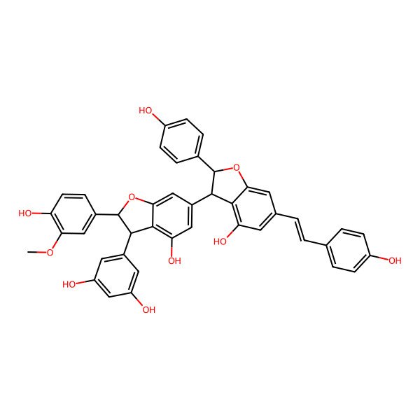 2D Structure of 5-[(2S,3S)-4-hydroxy-6-[(2R,3S)-4-hydroxy-2-(4-hydroxyphenyl)-6-[(E)-2-(4-hydroxyphenyl)ethenyl]-2,3-dihydro-1-benzofuran-3-yl]-2-(4-hydroxy-3-methoxyphenyl)-2,3-dihydro-1-benzofuran-3-yl]benzene-1,3-diol