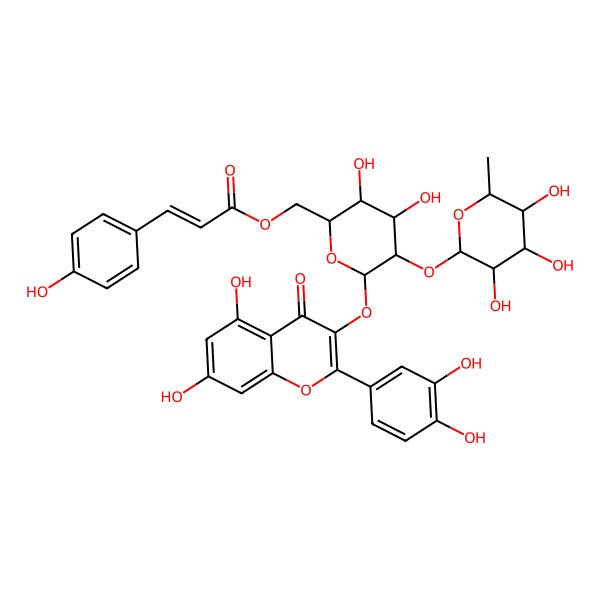 2D Structure of [(2R,3S,4S,5R,6S)-6-[2-(3,4-dihydroxyphenyl)-5,7-dihydroxy-4-oxochromen-3-yl]oxy-3,4-dihydroxy-5-[(2S,3R,4R,5R,6S)-3,4,5-trihydroxy-6-methyloxan-2-yl]oxyoxan-2-yl]methyl (Z)-3-(4-hydroxyphenyl)prop-2-enoate
