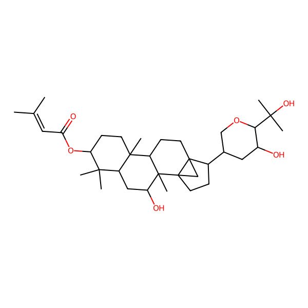 2D Structure of [3-Hydroxy-15-[5-hydroxy-6-(2-hydroxypropan-2-yl)oxan-3-yl]-2,6,6,10-tetramethyl-7-pentacyclo[12.3.1.01,14.02,11.05,10]octadecanyl] 3-methylbut-2-enoate