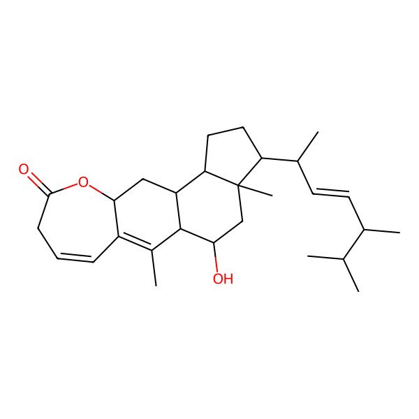2D Structure of 15-(5,6-Dimethylhept-3-en-2-yl)-18-hydroxy-2,16-dimethyl-8-oxatetracyclo[9.7.0.03,9.012,16]octadeca-2,4-dien-7-one