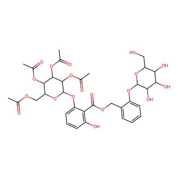 2D Structure of [2-[(2S,3R,4S,5S,6R)-3,4,5-trihydroxy-6-(hydroxymethyl)oxan-2-yl]oxyphenyl]methyl 2-hydroxy-6-[(2S,3R,4S,5R,6R)-3,4,5-triacetyloxy-6-(acetyloxymethyl)oxan-2-yl]oxybenzoate
