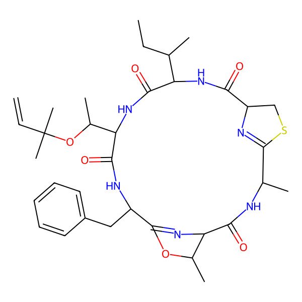 2D Structure of (1S,4S,8S,11S,14S,17S)-17-benzyl-11-butan-2-yl-4,20-dimethyl-14-[1-(2-methylbut-3-en-2-yloxy)ethyl]-19-oxa-6-thia-3,10,13,16,21,22-hexazatricyclo[16.2.1.15,8]docosa-5(22),18(21)-diene-2,9,12,15-tetrone
