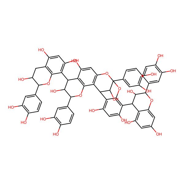 2D Structure of 5,13-bis(3,4-dihydroxyphenyl)-16-[2-(3,4-dihydroxyphenyl)-3,5,7-trihydroxy-3,4-dihydro-2H-chromen-4-yl]-7-[2-(3,4-dihydroxyphenyl)-3,5,7-trihydroxy-3,4-dihydro-2H-chromen-8-yl]-4,12,14-trioxapentacyclo[11.7.1.02,11.03,8.015,20]henicosa-2(11),3(8),9,15,17,19-hexaene-6,9,17,19,21-pentol