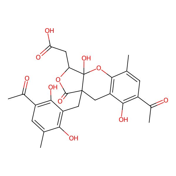 2D Structure of 2-[7-Acetyl-9a-[(3-acetyl-2,6-dihydroxy-5-methylphenyl)methyl]-3a,8-dihydroxy-5-methyl-1-oxo-3,9-dihydrofuro[3,4-b]chromen-3-yl]acetic acid