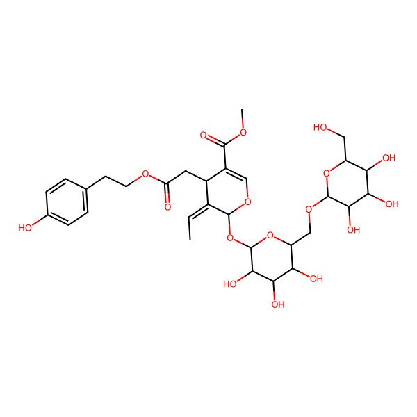 2D Structure of methyl 5-ethylidene-4-[2-[2-(4-hydroxyphenyl)ethoxy]-2-oxoethyl]-6-[3,4,5-trihydroxy-6-[[3,4,5-trihydroxy-6-(hydroxymethyl)oxan-2-yl]oxymethyl]oxan-2-yl]oxy-4H-pyran-3-carboxylate