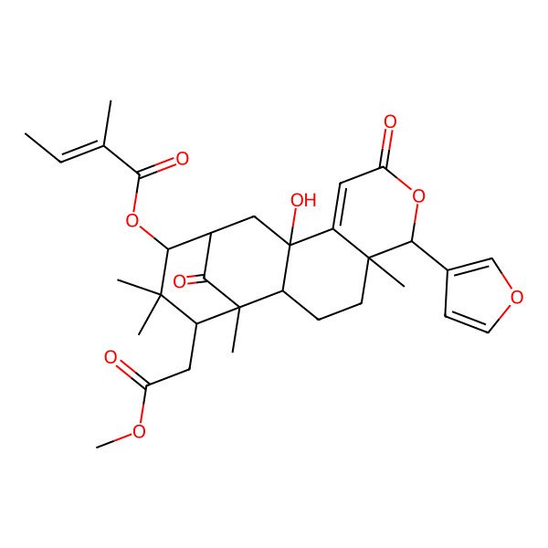 2D Structure of [(1R,2S,5S,6S,11S,13R,14S,16R)-6-(furan-3-yl)-11-hydroxy-16-(2-methoxy-2-oxoethyl)-1,5,15,15-tetramethyl-8,17-dioxo-7-oxatetracyclo[11.3.1.02,11.05,10]heptadec-9-en-14-yl] (E)-2-methylbut-2-enoate