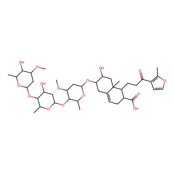 2D Structure of 7-hydroxy-6-[5-[4-hydroxy-5-(5-hydroxy-4-methoxy-6-methyloxan-2-yl)oxy-6-methyloxan-2-yl]oxy-4-methoxy-6-methyloxan-2-yl]oxy-8a-methyl-1-[3-(2-methylfuran-3-yl)-3-oxopropyl]-2,3,5,6,7,8-hexahydro-1H-naphthalene-2-carboxylic acid