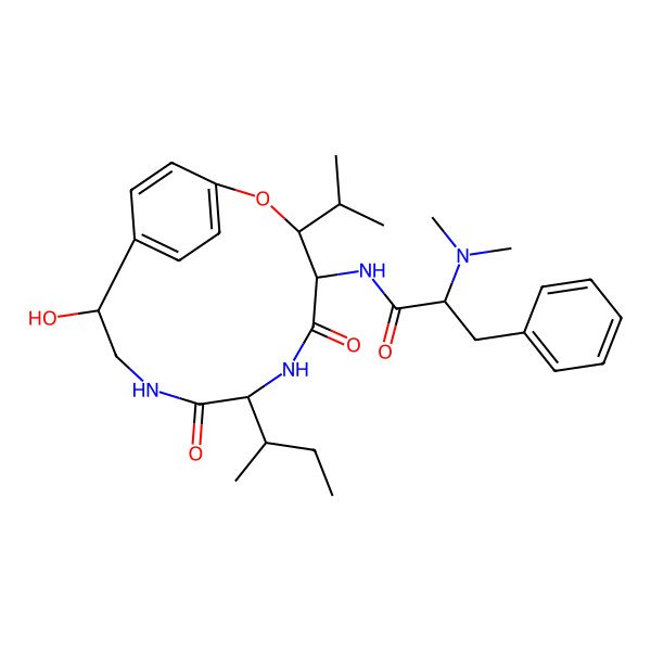 2D Structure of (2R)-N-[(3S,4R,7S,11R)-7-[(2S)-butan-2-yl]-11-hydroxy-5,8-dioxo-3-propan-2-yl-2-oxa-6,9-diazabicyclo[10.2.2]hexadeca-1(14),12,15-trien-4-yl]-2-(dimethylamino)-3-phenylpropanamide