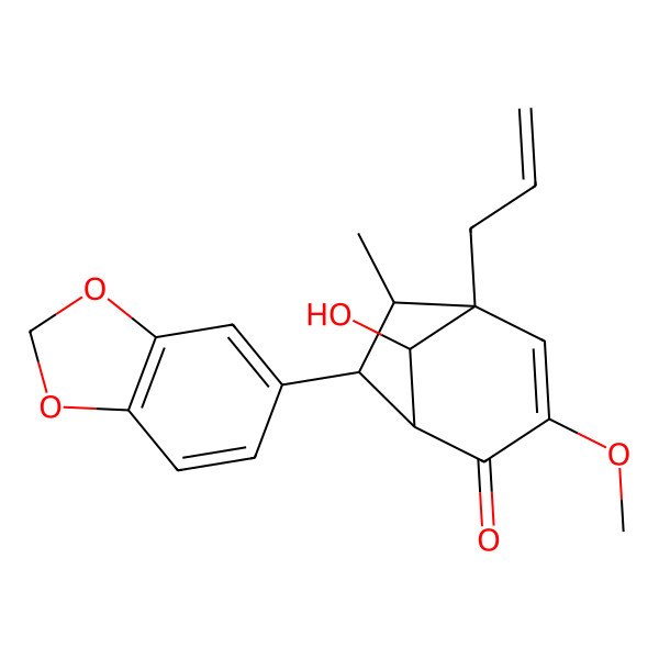 2D Structure of (1S,5S,6R,7R,8S)-7-(1,3-benzodioxol-5-yl)-8-hydroxy-3-methoxy-6-methyl-5-prop-2-enylbicyclo[3.2.1]oct-3-en-2-one