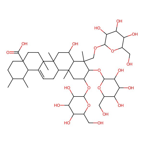 2D Structure of 8-hydroxy-1,2,6a,6b,9,12a-hexamethyl-10,11-bis[[3,4,5-trihydroxy-6-(hydroxymethyl)oxan-2-yl]oxy]-9-[[3,4,5-trihydroxy-6-(hydroxymethyl)oxan-2-yl]oxymethyl]-2,3,4,5,6,6a,7,8,8a,10,11,12,13,14b-tetradecahydro-1H-picene-4a-carboxylic acid