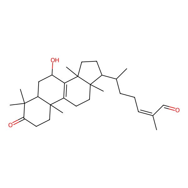 2D Structure of (E,6R)-6-[(5S,7R,10S,13R,17R)-7-hydroxy-4,4,10,13,14-pentamethyl-3-oxo-1,2,5,6,7,11,12,15,16,17-decahydrocyclopenta[a]phenanthren-17-yl]-2-methylhept-2-enal