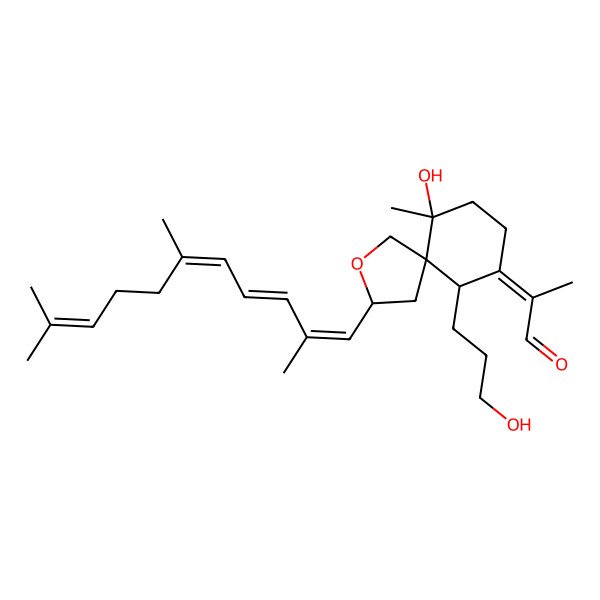 2D Structure of 2-[10-Hydroxy-6-(3-hydroxypropyl)-10-methyl-3-(2,6,10-trimethylundeca-1,3,5,9-tetraenyl)-2-oxaspiro[4.5]decan-7-ylidene]propanal