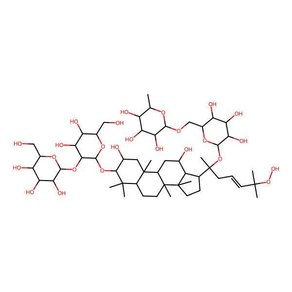 2D Structure of (2R,3R,4R,5R,6S)-2-[[(2R,3S,4S,5R,6S)-6-[(E,2S)-2-[(2R,3R,5R,8R,9R,10R,12R,13R,14R,17S)-3-[(2R,3R,4S,5S,6R)-4,5-dihydroxy-6-(hydroxymethyl)-3-[(2S,3R,4S,5S,6R)-3,4,5-trihydroxy-6-(hydroxymethyl)oxan-2-yl]oxyoxan-2-yl]oxy-2,12-dihydroxy-4,4,8,10,14-pentamethyl-2,3,5,6,7,9,11,12,13,15,16,17-dodecahydro-1H-cyclopenta[a]phenanthren-17-yl]-6-hydroperoxy-6-methylhept-4-en-2-yl]oxy-3,4,5-trihydroxyoxan-2-yl]methoxy]-6-methyloxane-3,4,5-triol