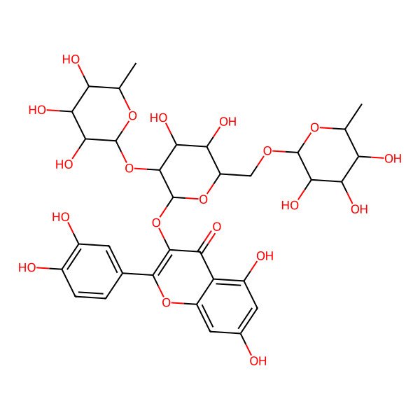 2D Structure of 2-(3,4-dihydroxyphenyl)-3-[(2R,3S,4R,5R,6S)-4,5-dihydroxy-3-[(2S,3R,4R,5R,6S)-3,4,5-trihydroxy-6-methyloxan-2-yl]oxy-6-[[(2S,3S,4S,5S,6R)-3,4,5-trihydroxy-6-methyloxan-2-yl]oxymethyl]oxan-2-yl]oxy-5,7-dihydroxychromen-4-one