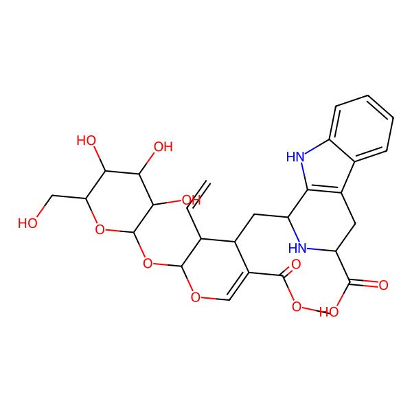 2D Structure of (2S)-3alpha-Ethenyl-2beta-(beta-D-glucopyranosyloxy)-3,4-dihydro-4alpha-[[(1S,3R)-2,3,4,9-tetrahydro-3-carboxy-1H-pyrido[3,4-b]indol-1-yl]methyl]-2H-pyran-5-carboxylic acid 5-methyl ester