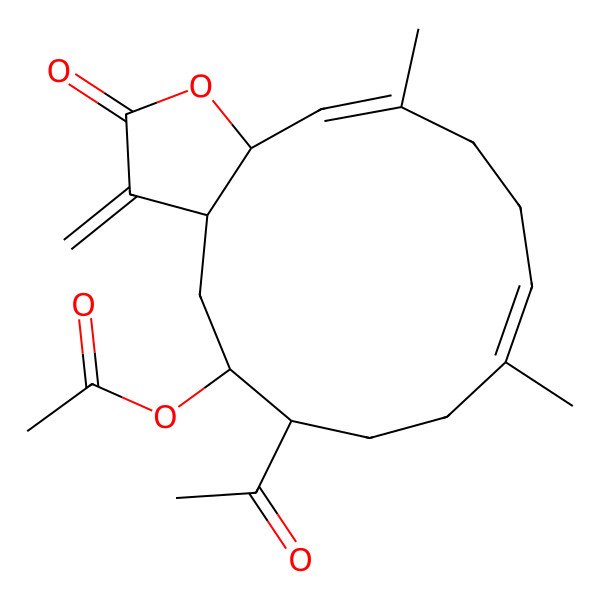 2D Structure of [(1S,3R,4S,7E,11E,13S)-4-acetyl-7,11-dimethyl-16-methylidene-15-oxo-14-oxabicyclo[11.3.0]hexadeca-7,11-dien-3-yl] acetate