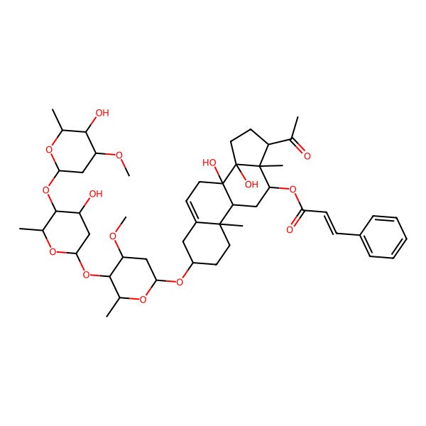 2D Structure of [17-acetyl-8,14-dihydroxy-3-[5-[4-hydroxy-5-(5-hydroxy-4-methoxy-6-methyloxan-2-yl)oxy-6-methyloxan-2-yl]oxy-4-methoxy-6-methyloxan-2-yl]oxy-10,13-dimethyl-2,3,4,7,9,11,12,15,16,17-decahydro-1H-cyclopenta[a]phenanthren-12-yl] 3-phenylprop-2-enoate