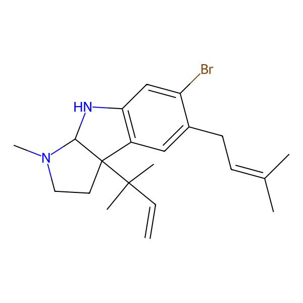 2D Structure of (3aR,8bS)-6-bromo-3-methyl-8b-(2-methylbut-3-en-2-yl)-7-(3-methylbut-2-enyl)-1,2,3a,4-tetrahydropyrrolo[2,3-b]indole