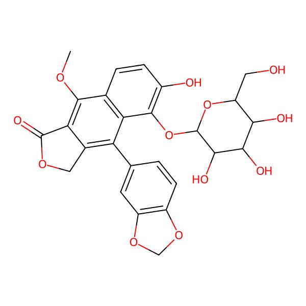 2D Structure of 4-(1,3-benzodioxol-5-yl)-6-hydroxy-9-methoxy-5-[(2S,3R,4S,5S,6R)-3,4,5-trihydroxy-6-(hydroxymethyl)oxan-2-yl]oxy-3H-benzo[f][2]benzofuran-1-one