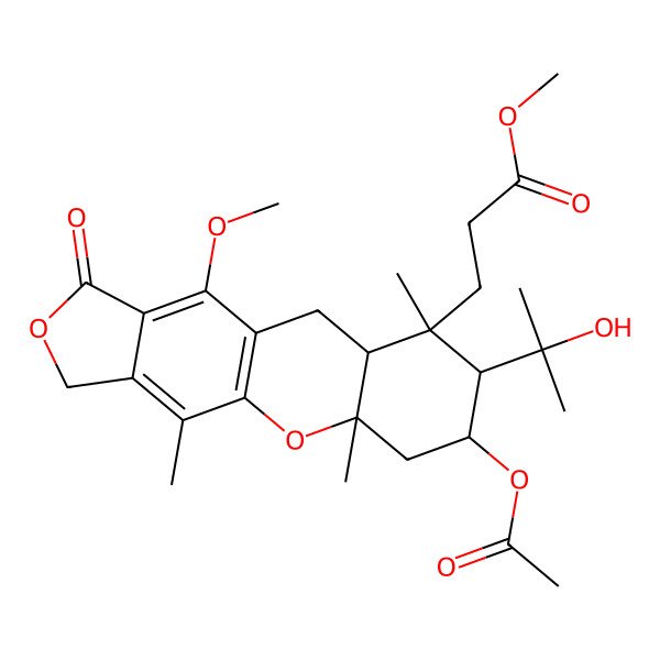2D Structure of Methyl 3-[7-acetyloxy-8-(2-hydroxypropan-2-yl)-11-methoxy-4,5a,9-trimethyl-1-oxo-3,6,7,8,9a,10-hexahydro-[2]benzofuro[5,6-b]chromen-9-yl]propanoate