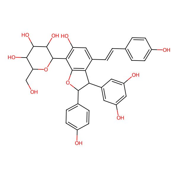 2D Structure of (2R,3S,4S,5R,6S)-2-[(2R,3R)-3-(3,5-dihydroxyphenyl)-6-hydroxy-2-(4-hydroxyphenyl)-4-[(E)-2-(4-hydroxyphenyl)ethenyl]-2,3-dihydro-1-benzofuran-7-yl]-6-(hydroxymethyl)oxane-3,4,5-triol