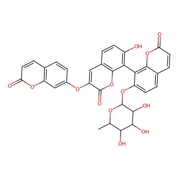 2D Structure of 7-hydroxy-3-(2-oxochromen-7-yl)oxy-8-[2-oxo-7-[(2S,3S,4R,5R,6S)-3,4,5-trihydroxy-6-methyloxan-2-yl]oxychromen-8-yl]chromen-2-one