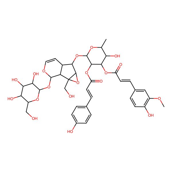 2D Structure of [5-Hydroxy-4-[3-(4-hydroxy-3-methoxyphenyl)prop-2-enoyloxy]-2-[[2-(hydroxymethyl)-10-[3,4,5-trihydroxy-6-(hydroxymethyl)oxan-2-yl]oxy-3,9-dioxatricyclo[4.4.0.02,4]dec-7-en-5-yl]oxy]-6-methyloxan-3-yl] 3-(4-hydroxyphenyl)prop-2-enoate