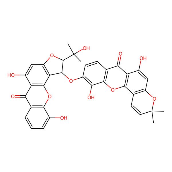 2D Structure of 10-[[(1S,2S)-5,10-dihydroxy-2-(2-hydroxypropan-2-yl)-6-oxo-1,2-dihydrofuro[2,3-c]xanthen-1-yl]oxy]-6,11-dihydroxy-3,3-dimethylpyrano[2,3-c]xanthen-7-one