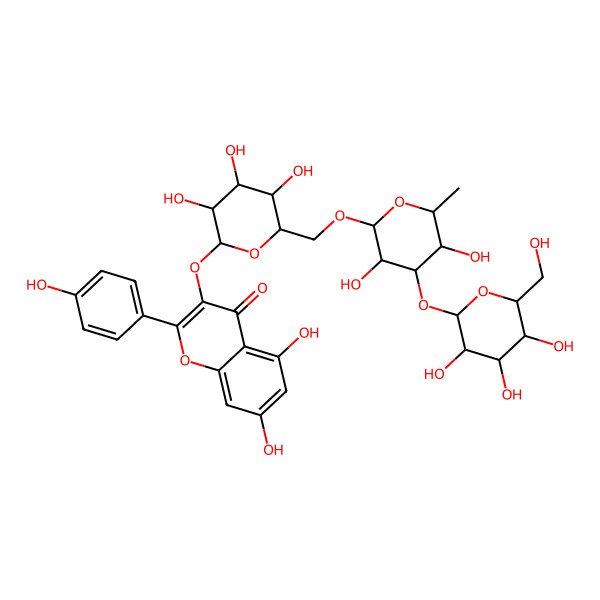 2D Structure of 3-[(2S,3R,4S,5S,6R)-6-[[(2S,3S,4R,5S,6S)-3,5-dihydroxy-6-methyl-4-[(2S,3R,4S,5S,6R)-3,4,5-trihydroxy-6-(hydroxymethyl)oxan-2-yl]oxyoxan-2-yl]oxymethyl]-3,4,5-trihydroxyoxan-2-yl]oxy-5,7-dihydroxy-2-(4-hydroxyphenyl)chromen-4-one